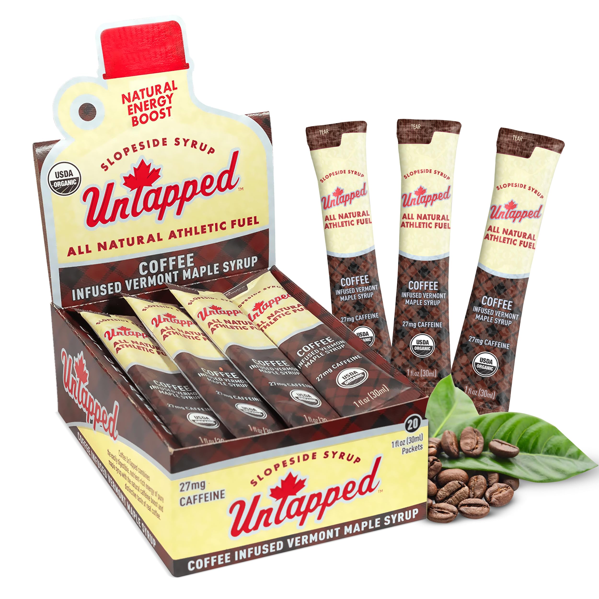 Untapped front packaging showing 20 maple-coffee packets and on-the-go benefit