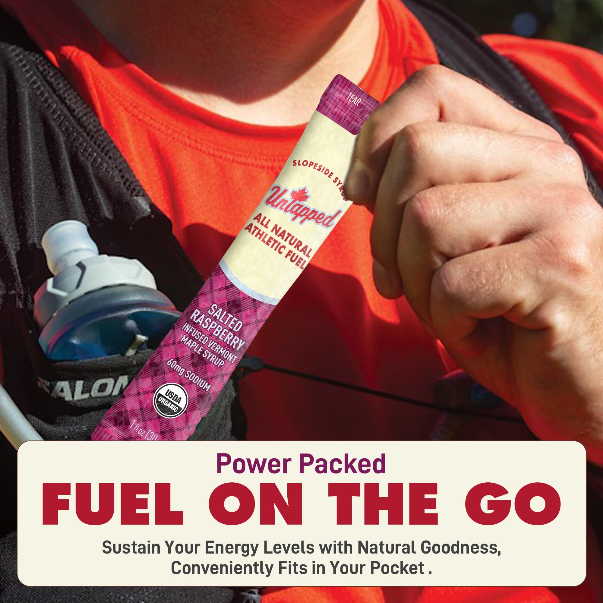 UnTapped lifestyle shot of runner on trail using a packet for sustained energy