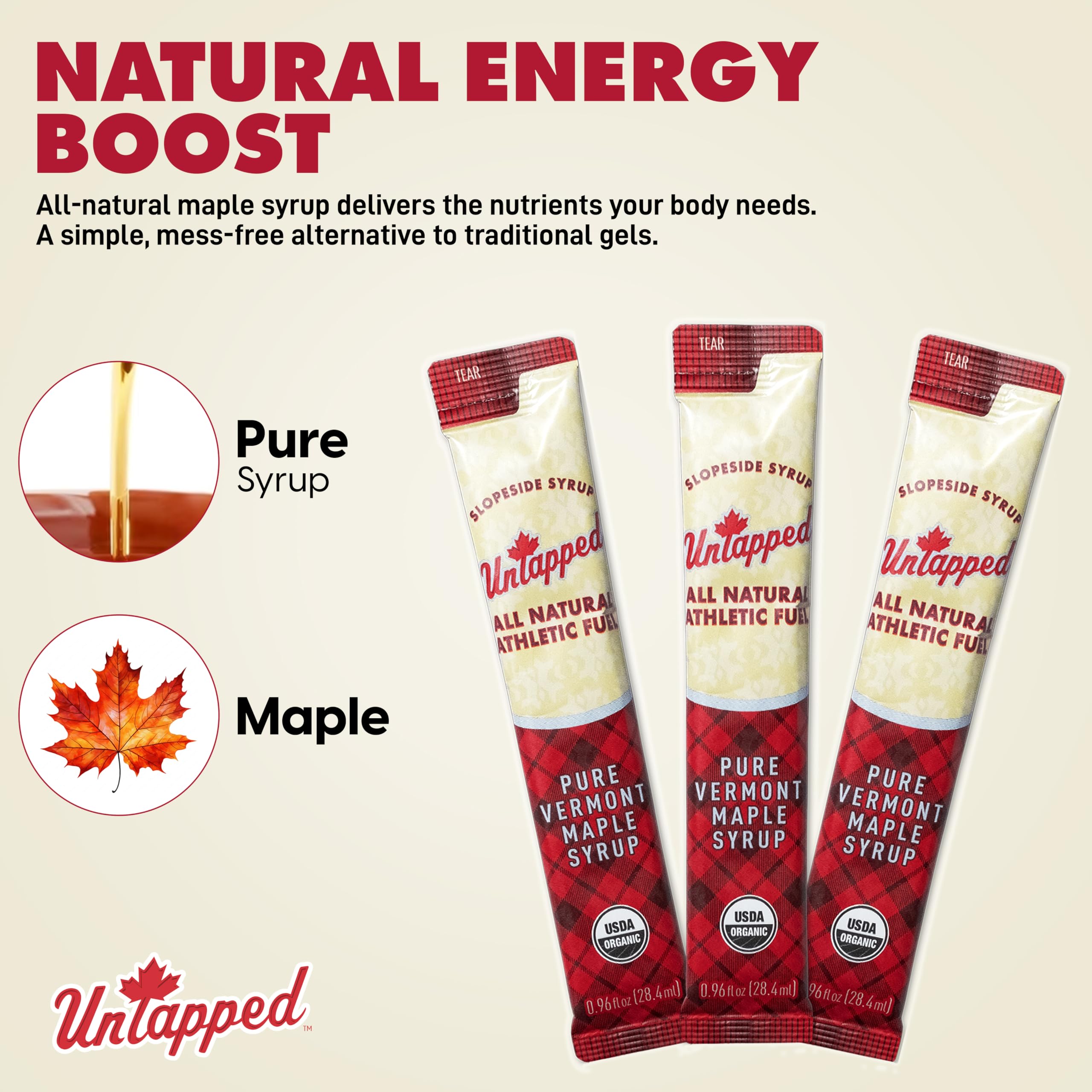 Pour of pure maple syrup texture from Untapped packet, natural fuel clarity benefit