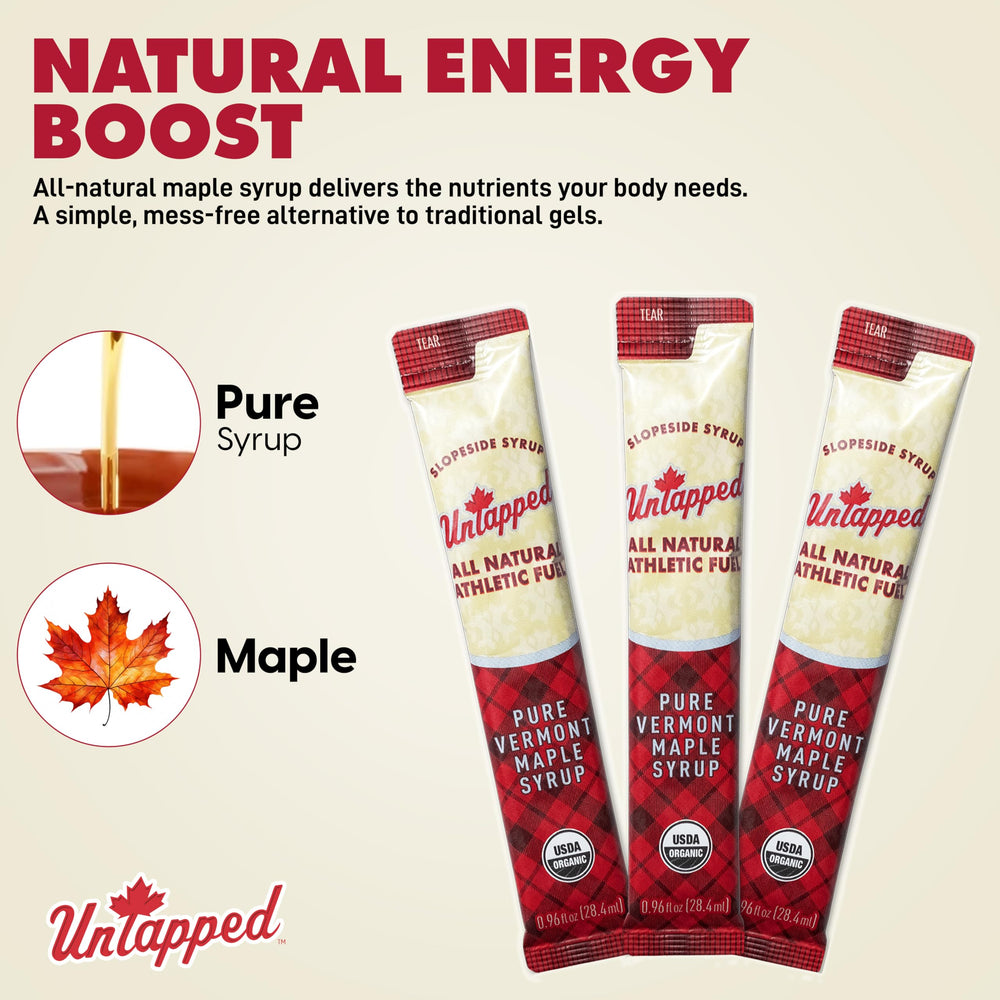 Pour of pure maple syrup texture from Untapped packet, natural fuel clarity benefit