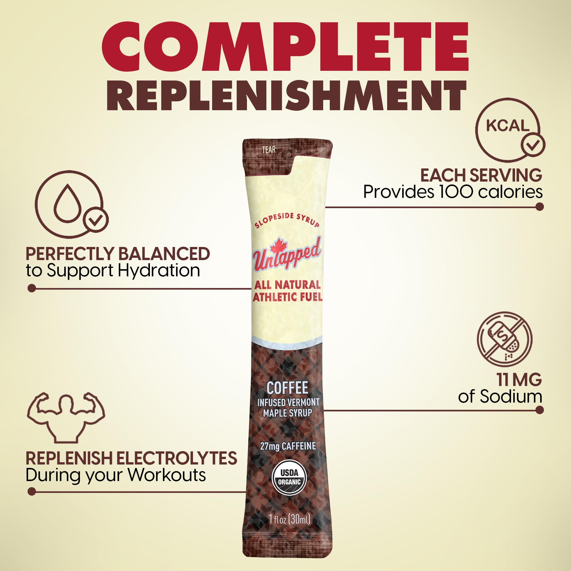 Untapped open packet with syrup pouring, ideal for quick energy refuel