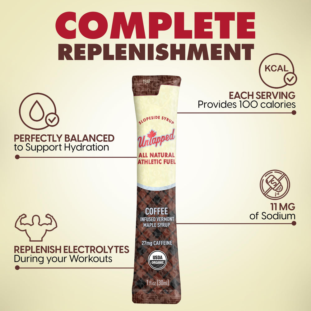 Untapped open packet with syrup pouring, ideal for quick energy refuel