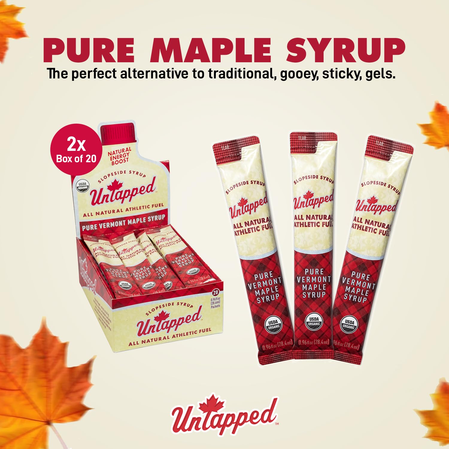 Untapped single packet close-up showing squeeze tip and organic maple clarity