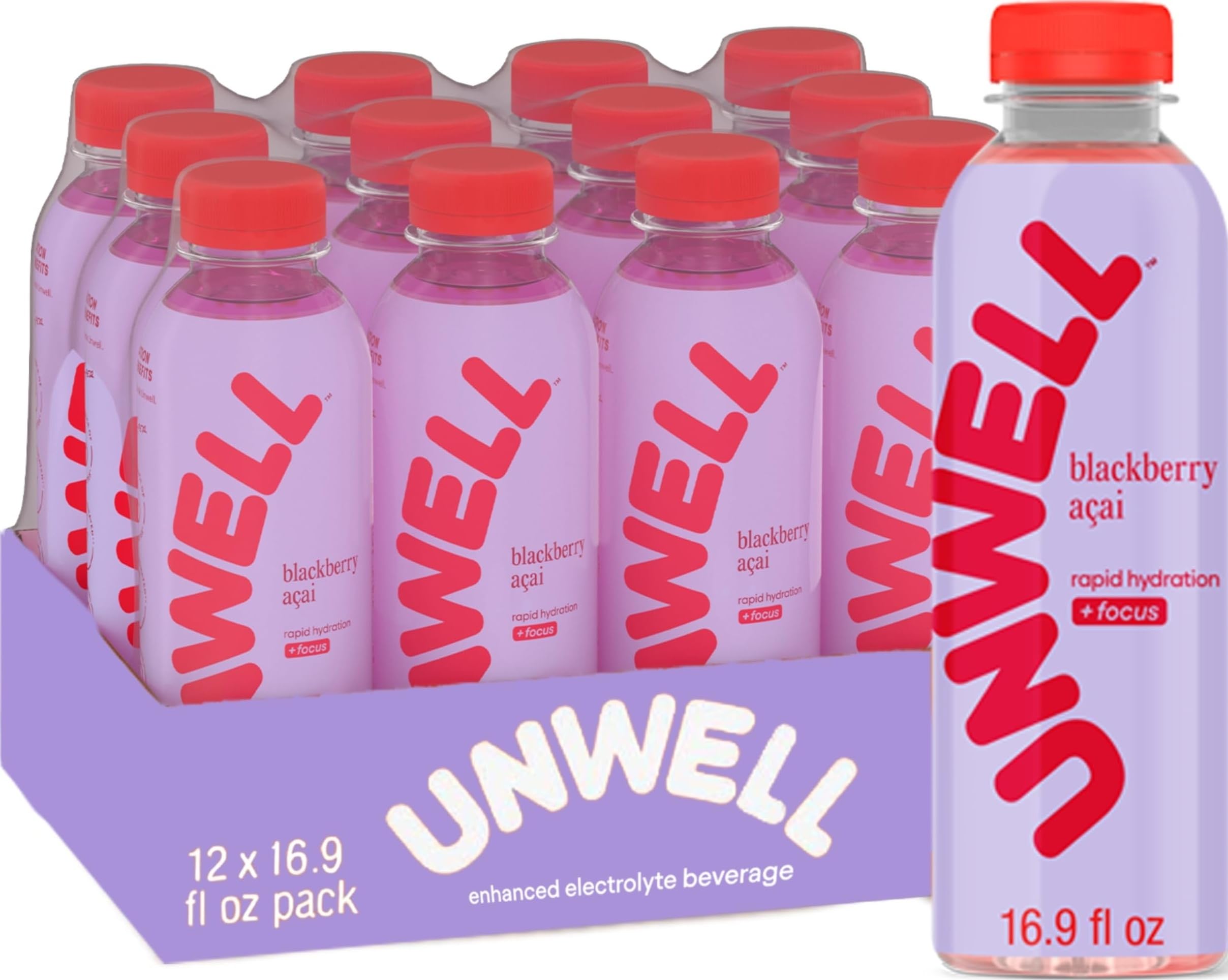 Unwell bottle front packaging showing blackberry acai flavor and hydration benefits