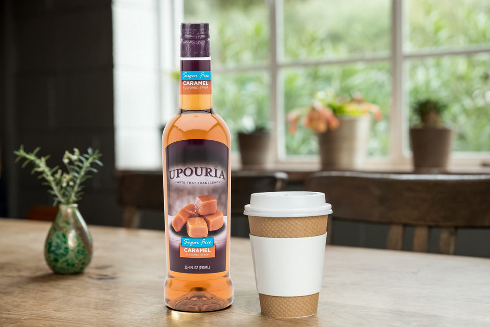 UPOURIA caramel syrup added to iced coffee for sweet flavor