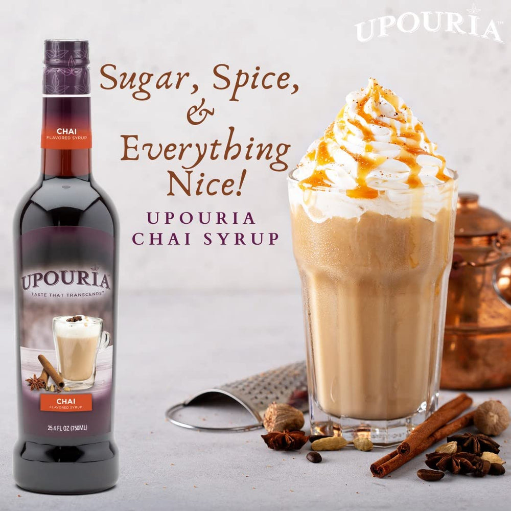 UPOURIA chai syrup pouring from bottle into cup highlighting smooth blending