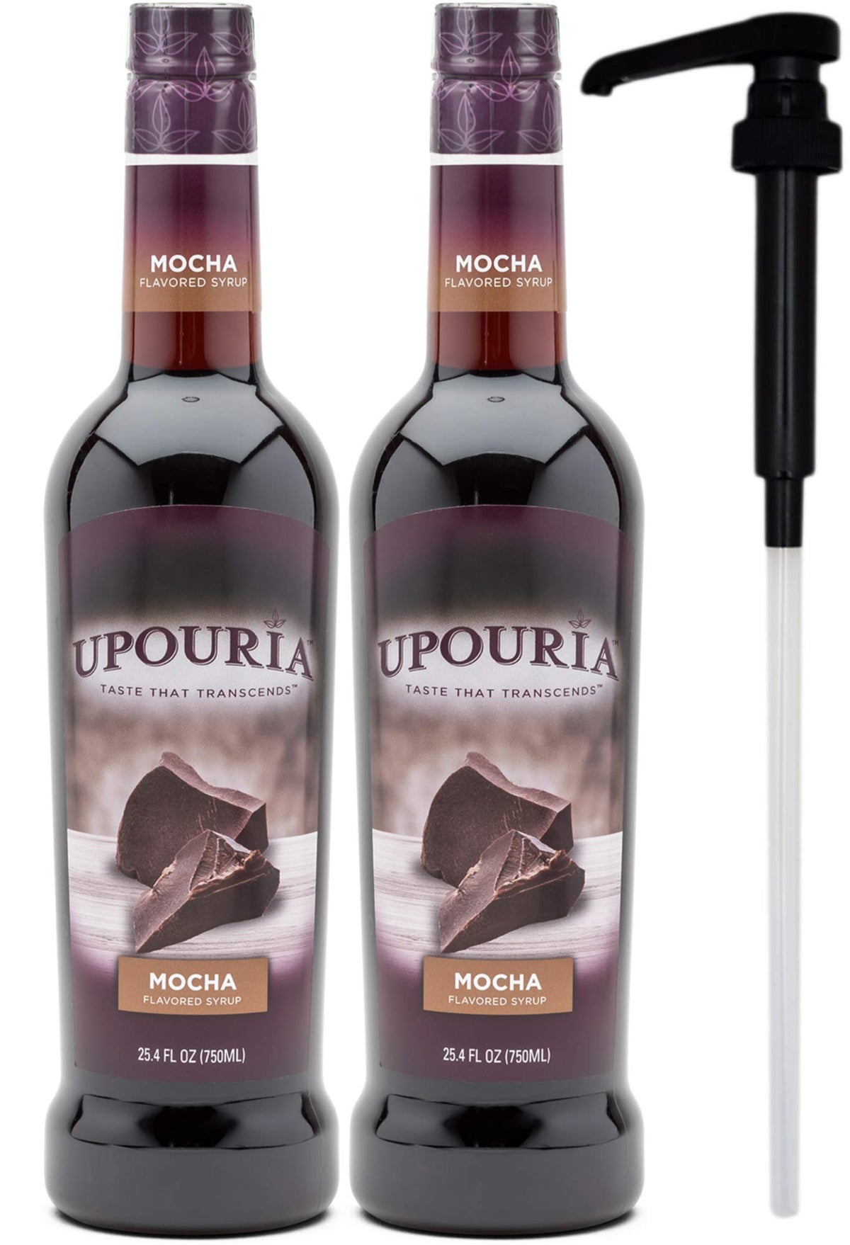 UPOURIA mocha front packaging showing two bottles and included pump for convenience