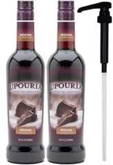 UPOURIA mocha front packaging showing two bottles and included pump for convenience