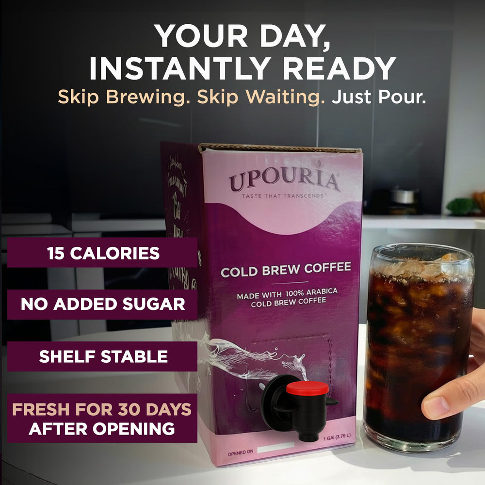 Upouria size scale with gallon box showing how much coffee it serves