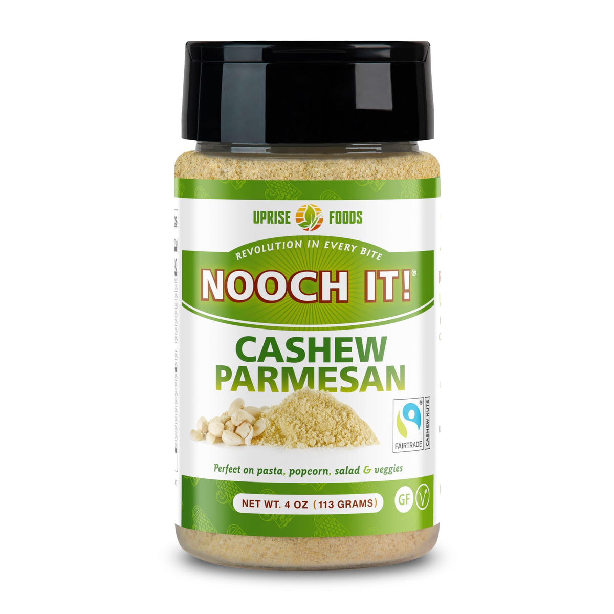 UPrise Foods NOOCH IT front label showing organic cashew parmesan benefits