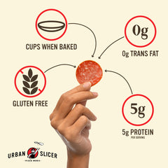 Urban Slicer pepperoni cupping on baked pizza showing crisped edges and texture