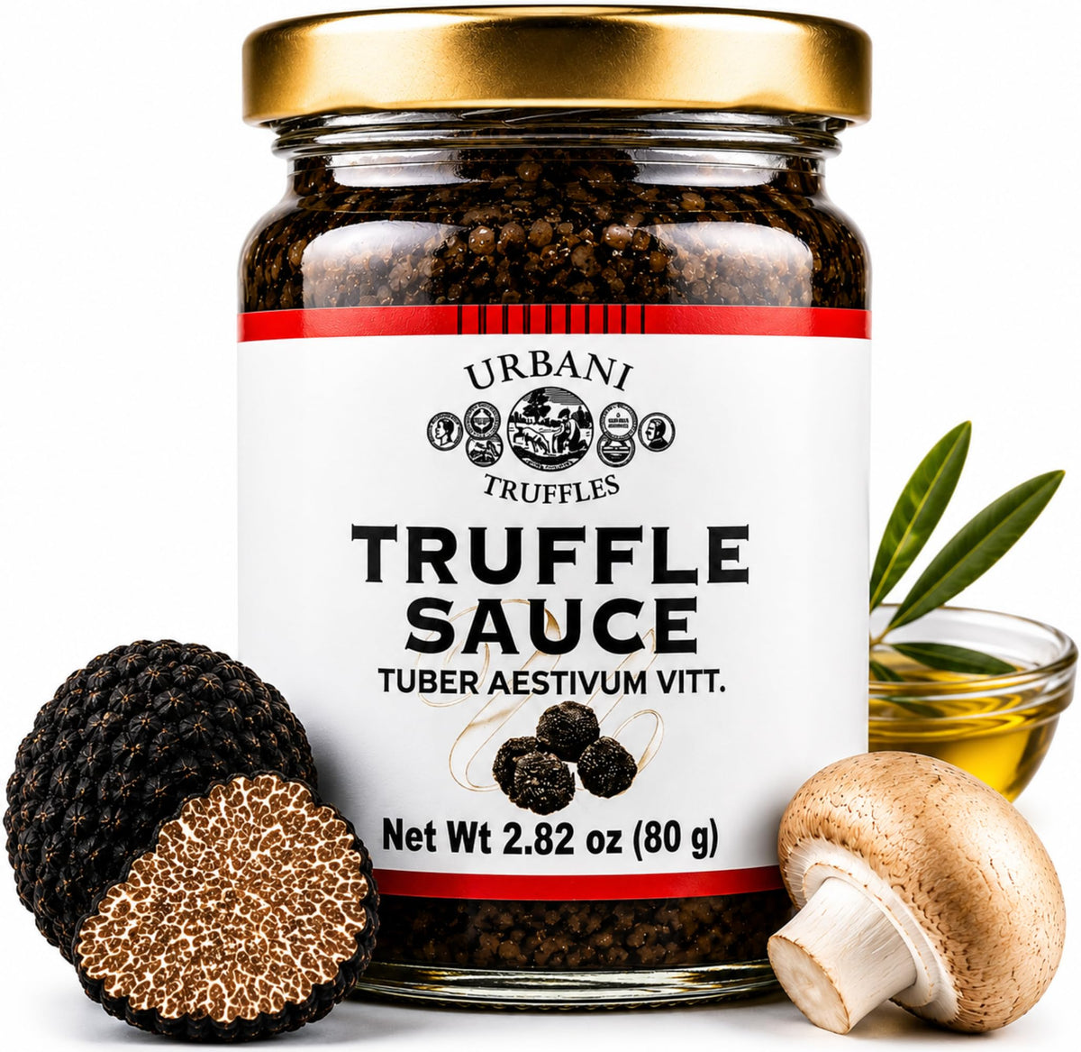 Urbani Truffles front jar view showing premium truffle sauce and serving suggestion