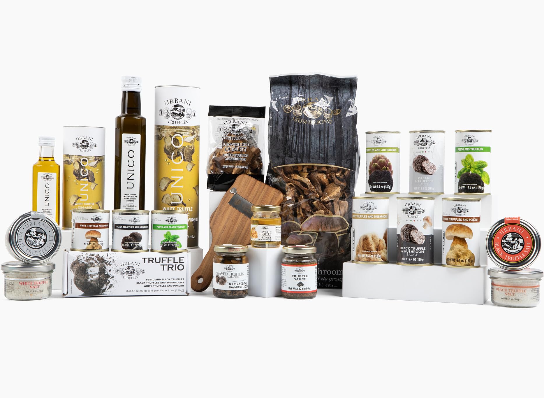 Urbani Truffles jar beside ingredients showing size and versatile culinary uses