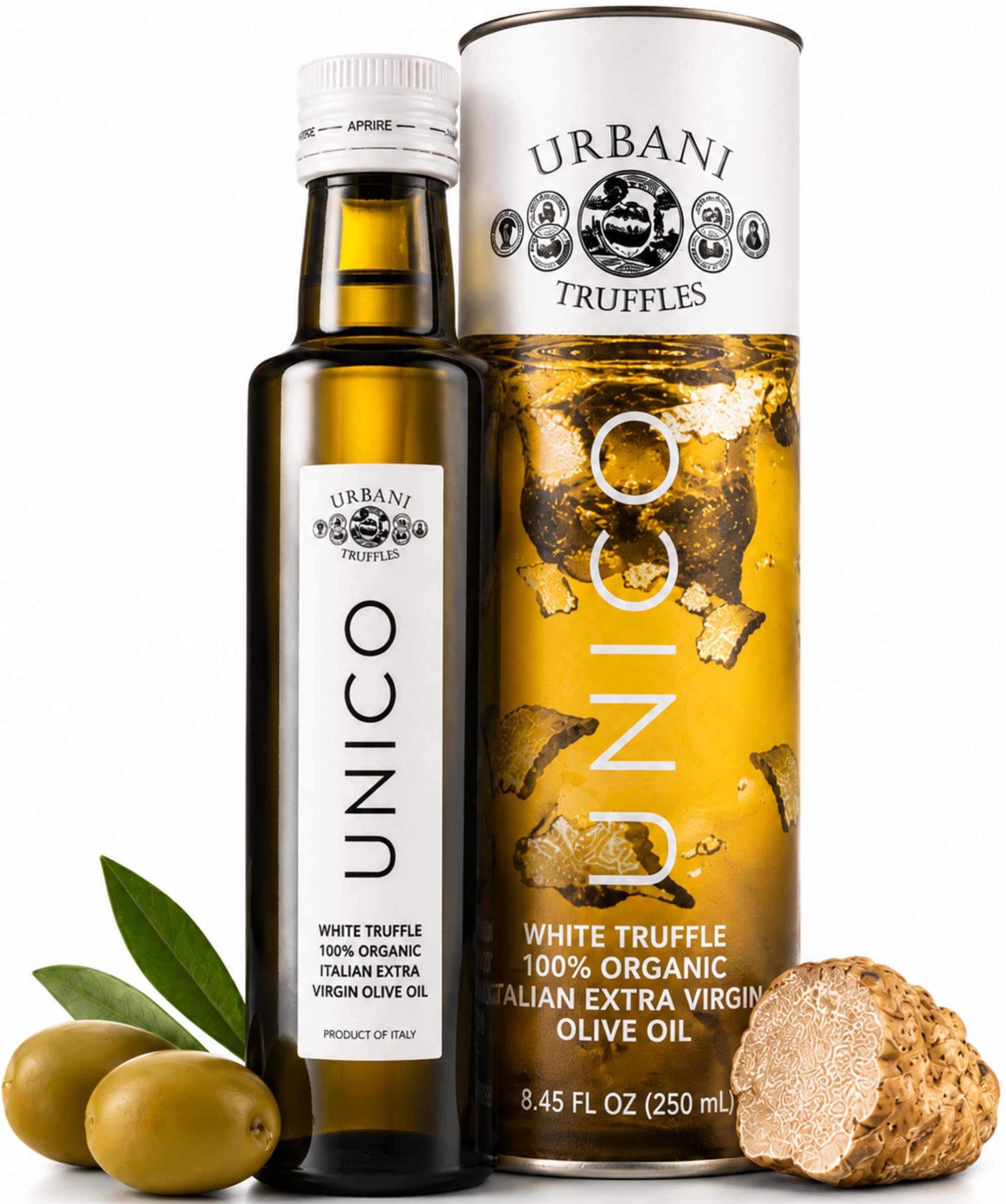 Urbani Truffles front bottle showing organic label and elegant design benefits gourmet presentation