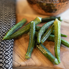 US Snacks open bag with visible okra chips ready to eat, convenient snack benefit
