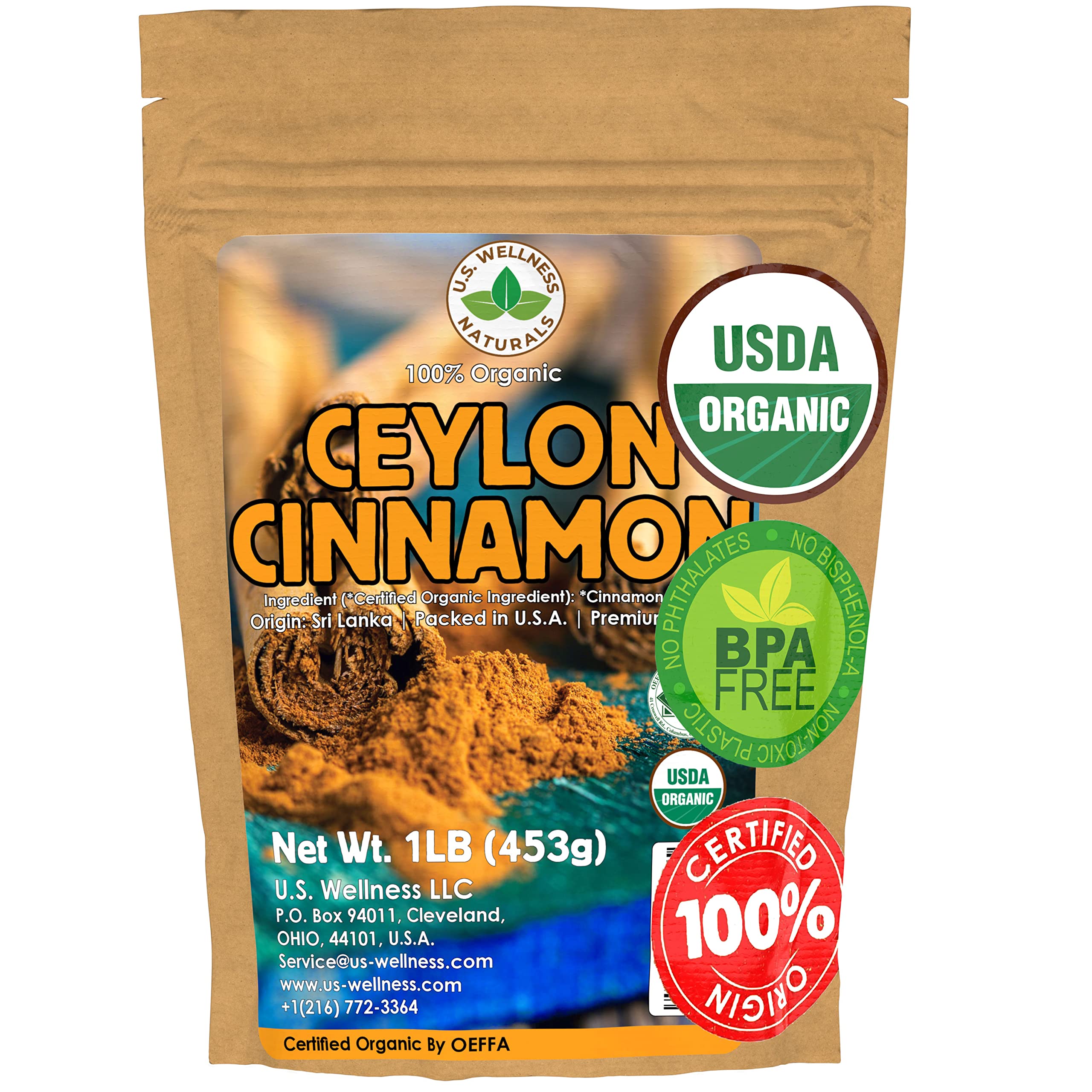 U.S. Wellness Naturals front packaging showing 1lb organic Ceylon cinnamon and clear branding benefit