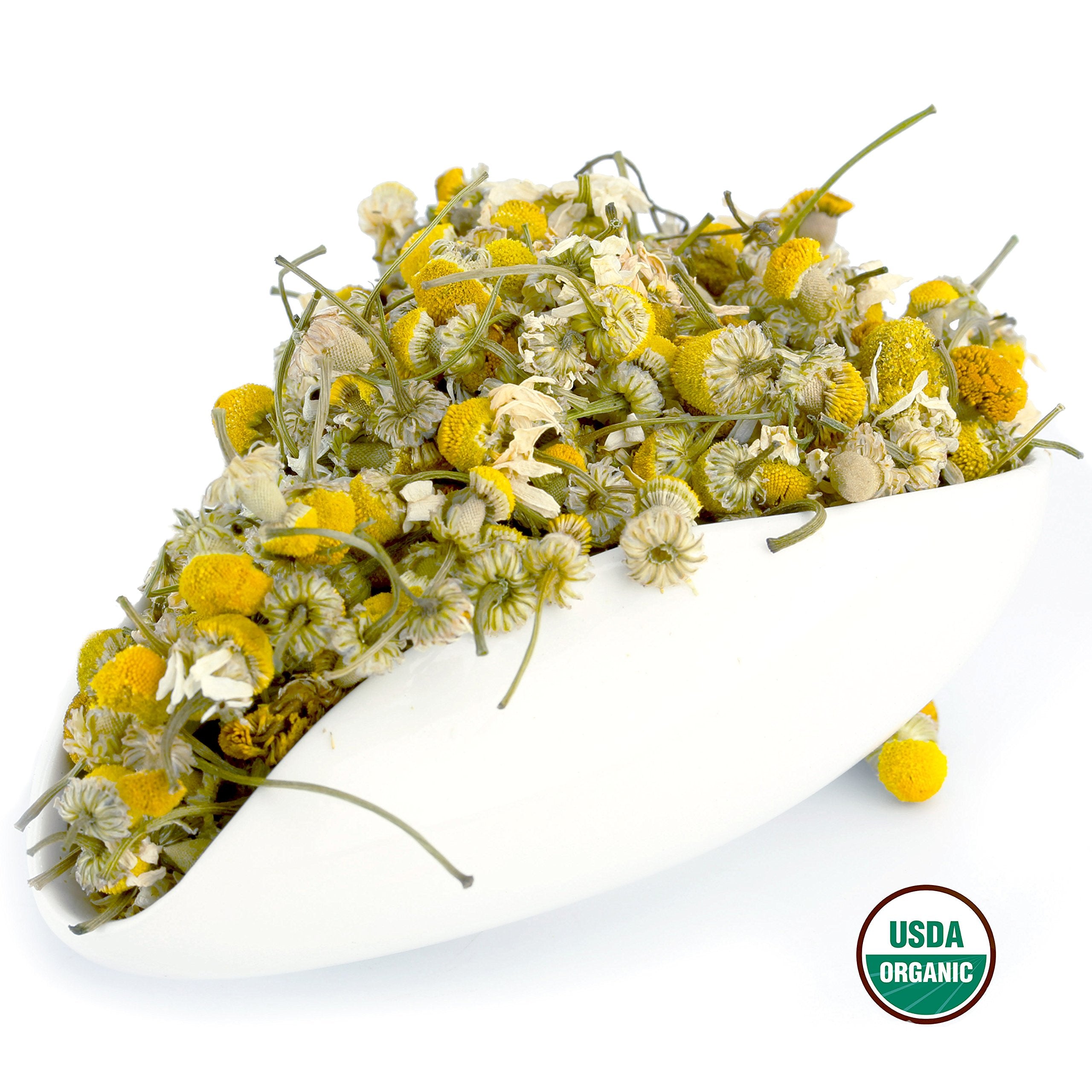 U.S. Wellness Naturals open pouch displaying loose chamomile flowers for easy portioning