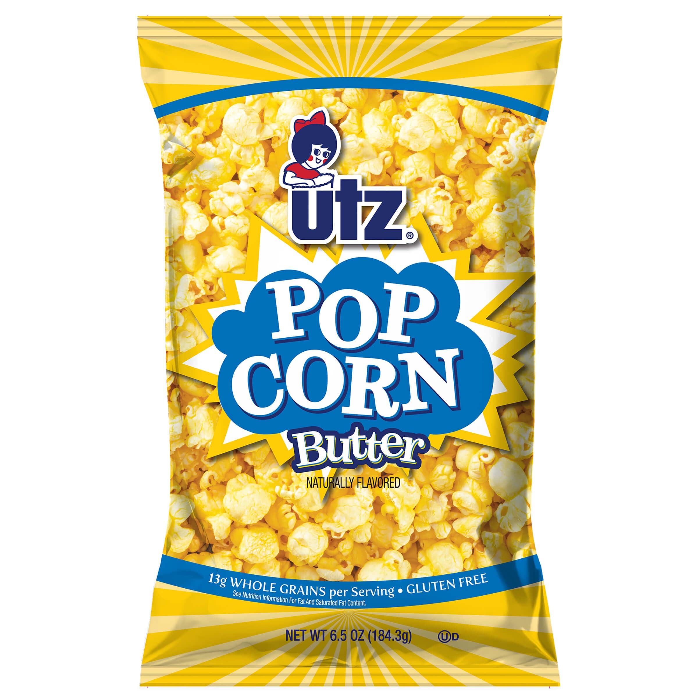Single Utz butter popcorn bag front view highlighting portable convenience