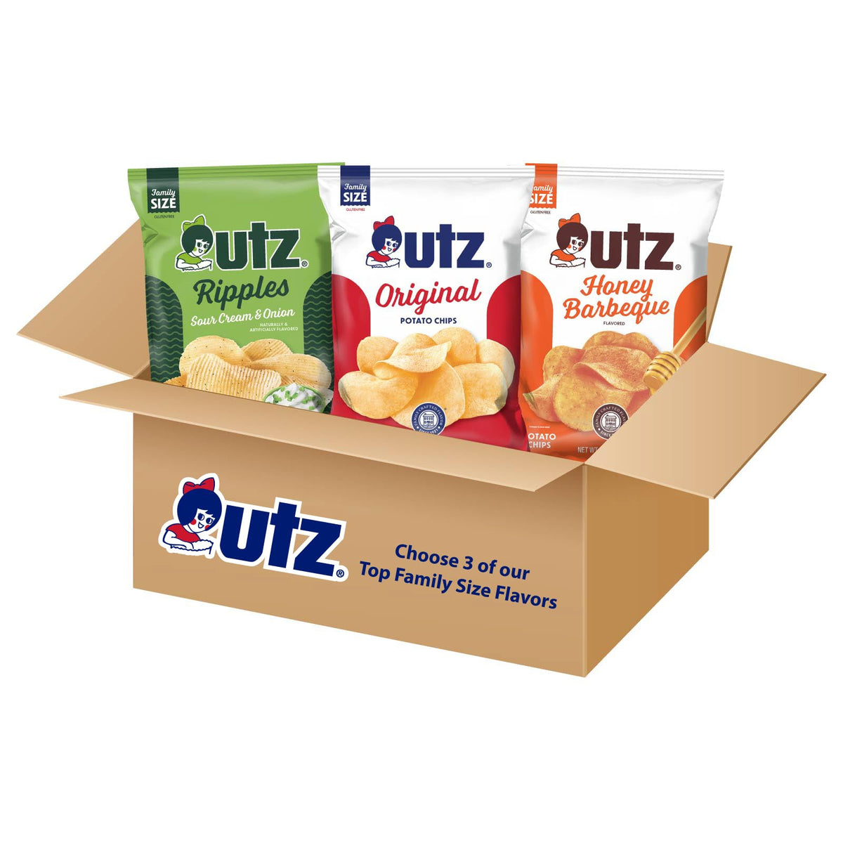 Utz front packaging of three family-size bags showing variety and convenience