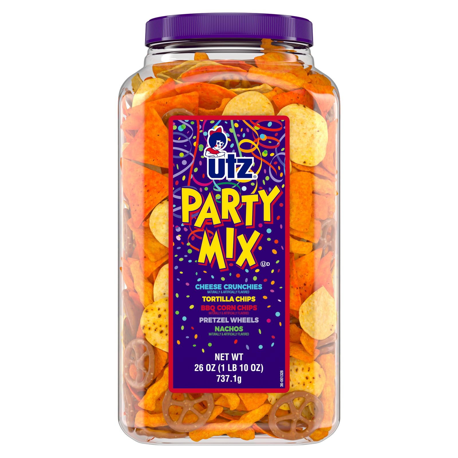 utz party mix barrel front view showing colorful label and serving suggestion