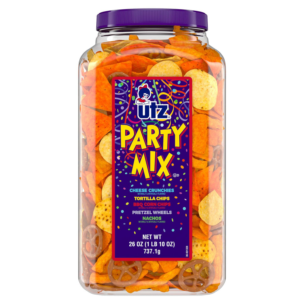 utz party mix barrel front view showing colorful label and serving suggestion