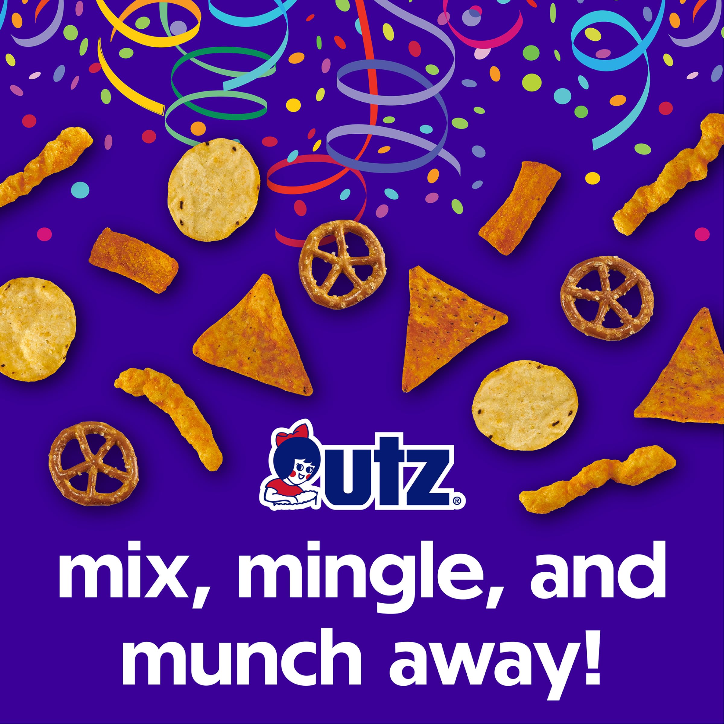 utz arranged ingredients layout showing tortillas pretzels chips variety