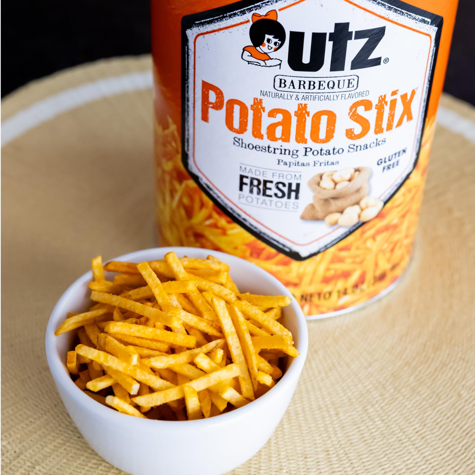 Close-up of Utz potato stix shoestrings highlighting crisp texture and BBQ seasoning