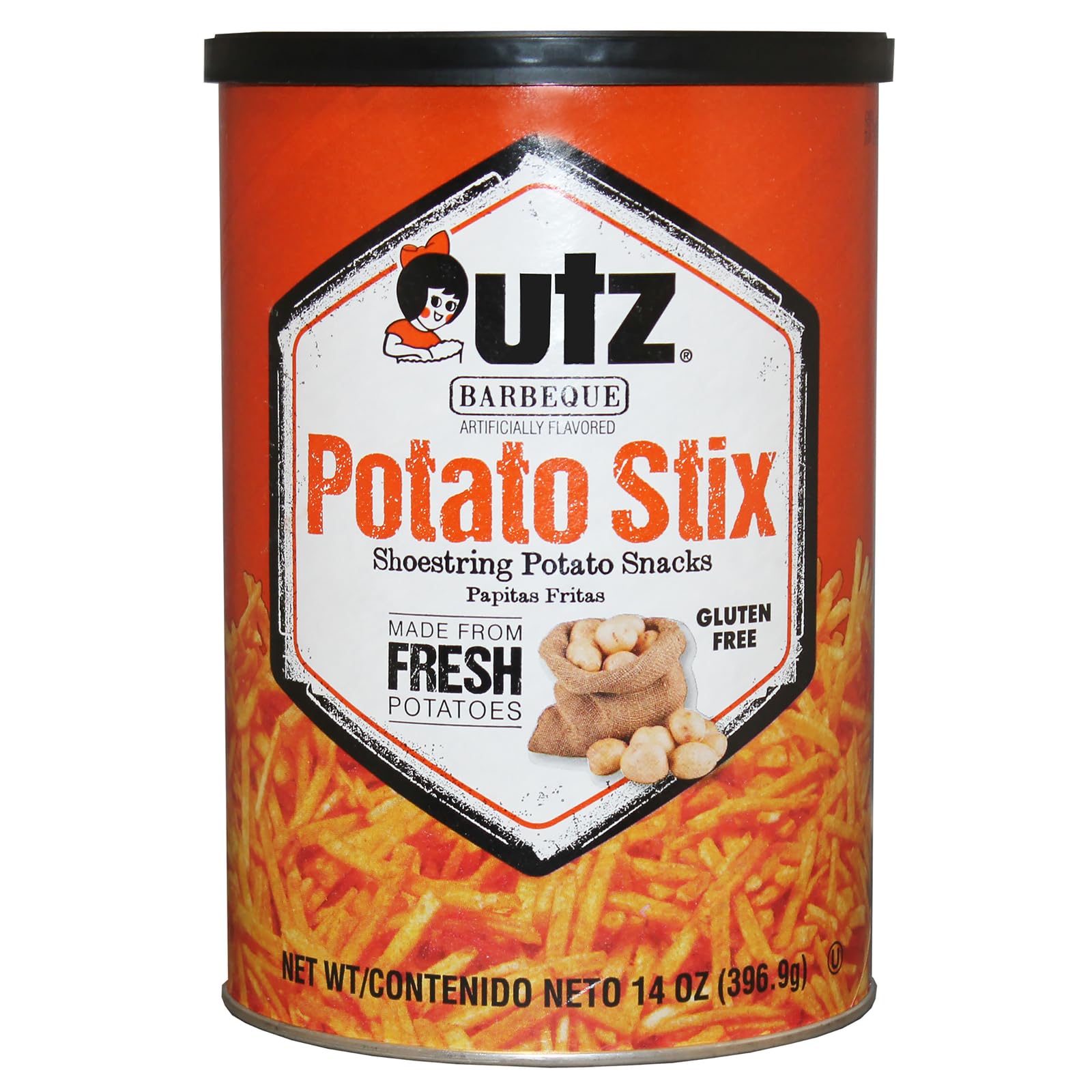Utz canister front view showing BBQ label and resealable lid for freshness