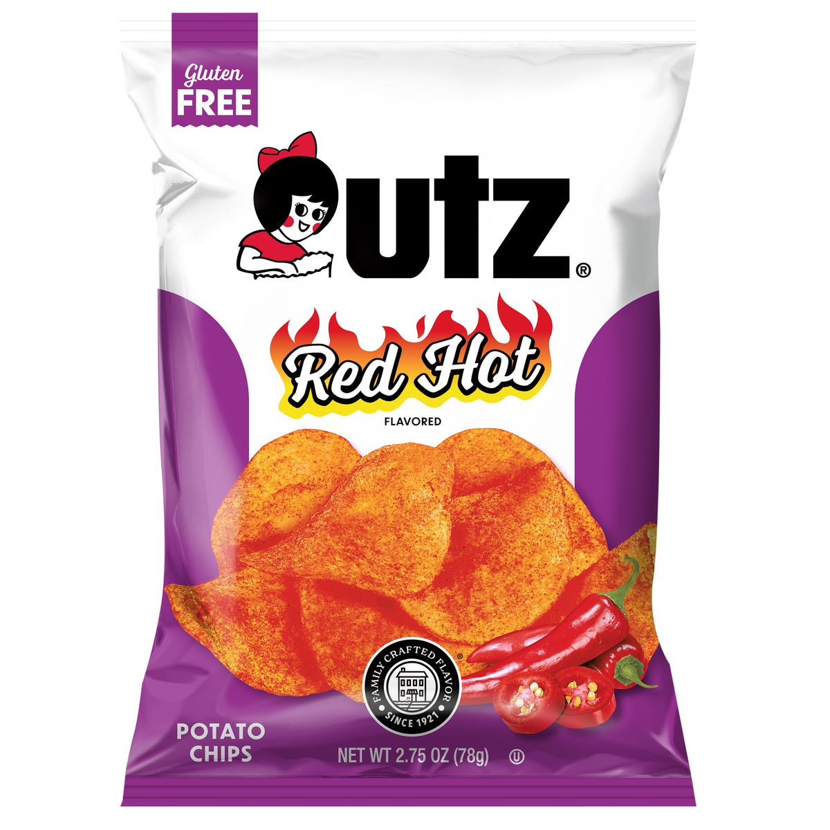 Utz front packaging showing 14-count box and bold red-hot branding for quick grab