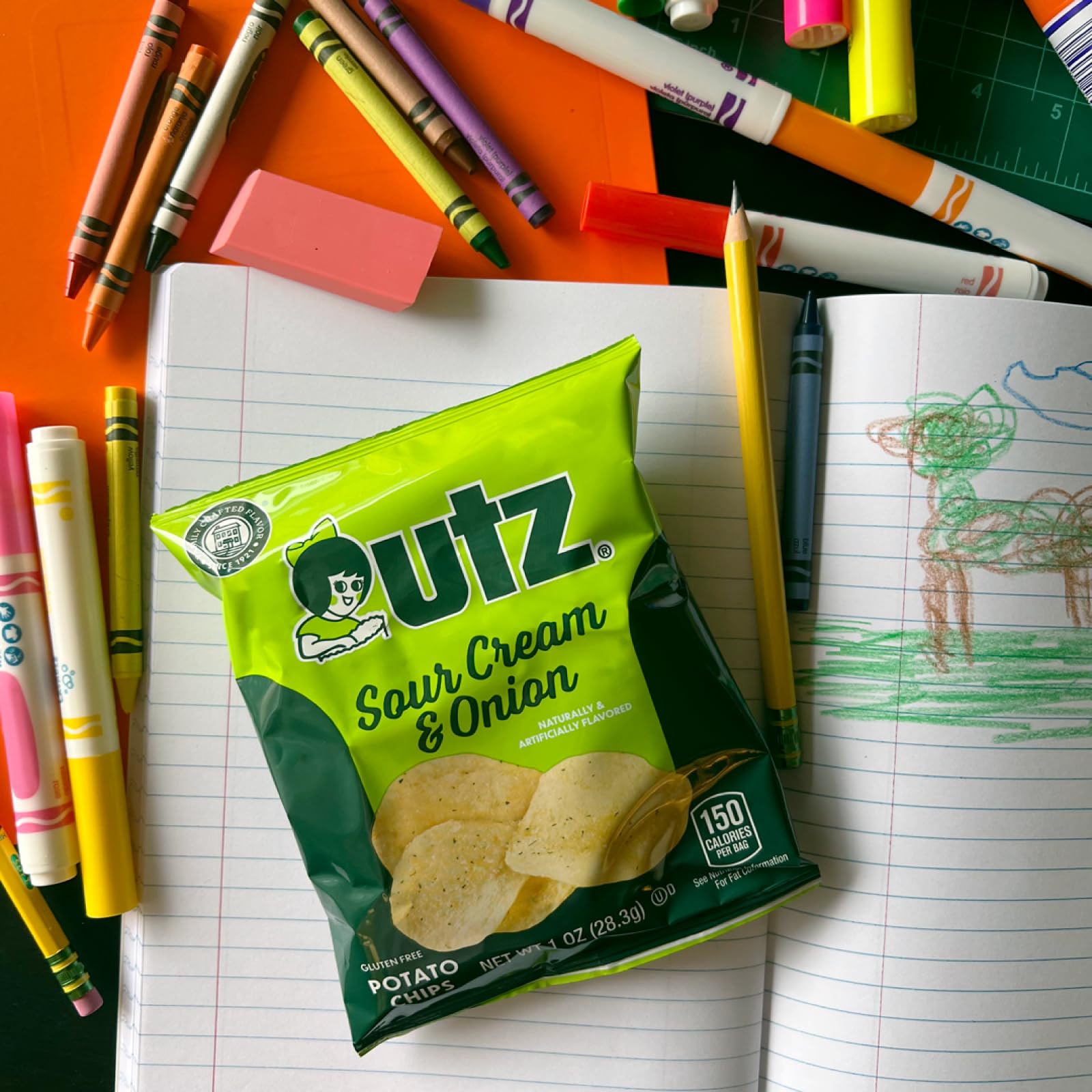 Utz variety pack displayed in breakroom, refill convenience benefit