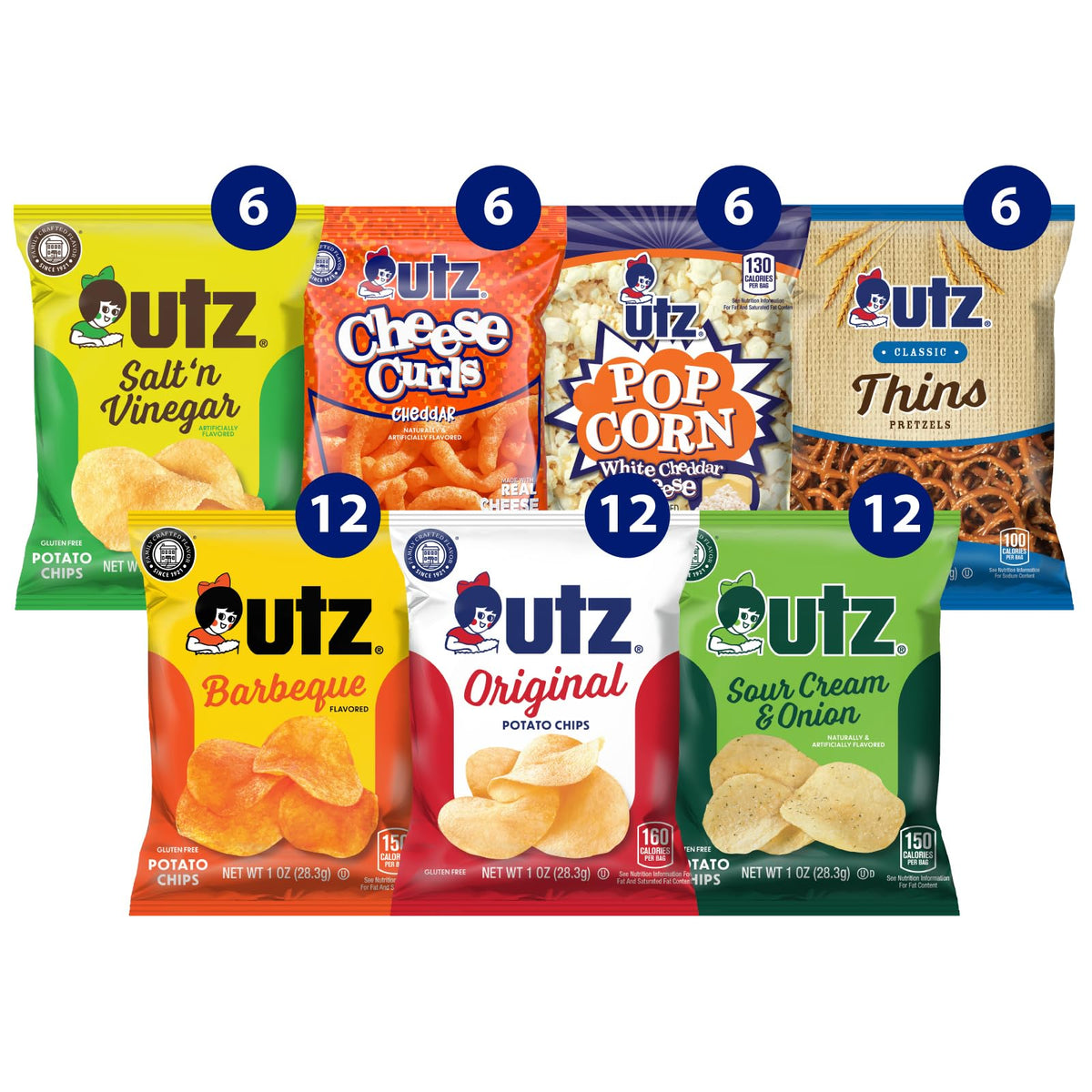 Utz front box showing 60-count variety pack, easy stocking benefit