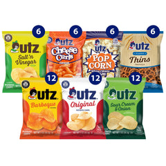 Utz front box showing 60-count variety pack, easy stocking benefit