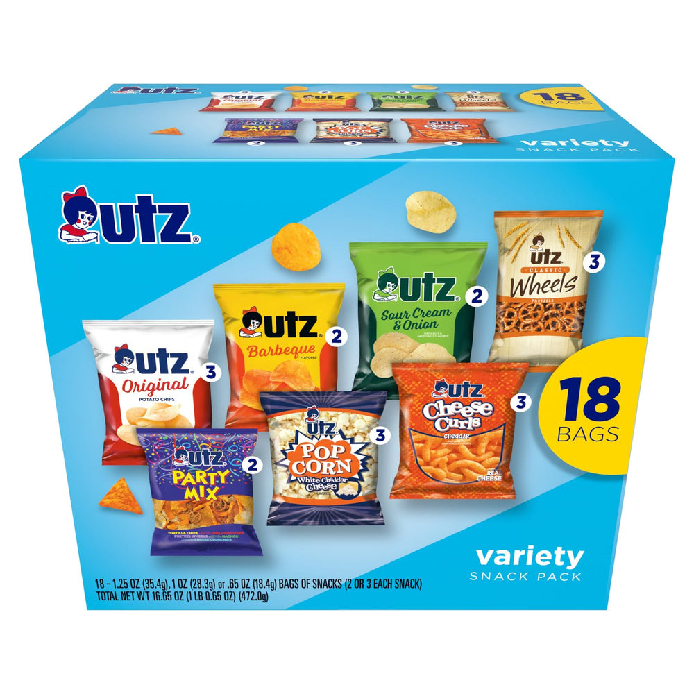 Utz box front view showing variety snack pack and branding for quick grab-and-go