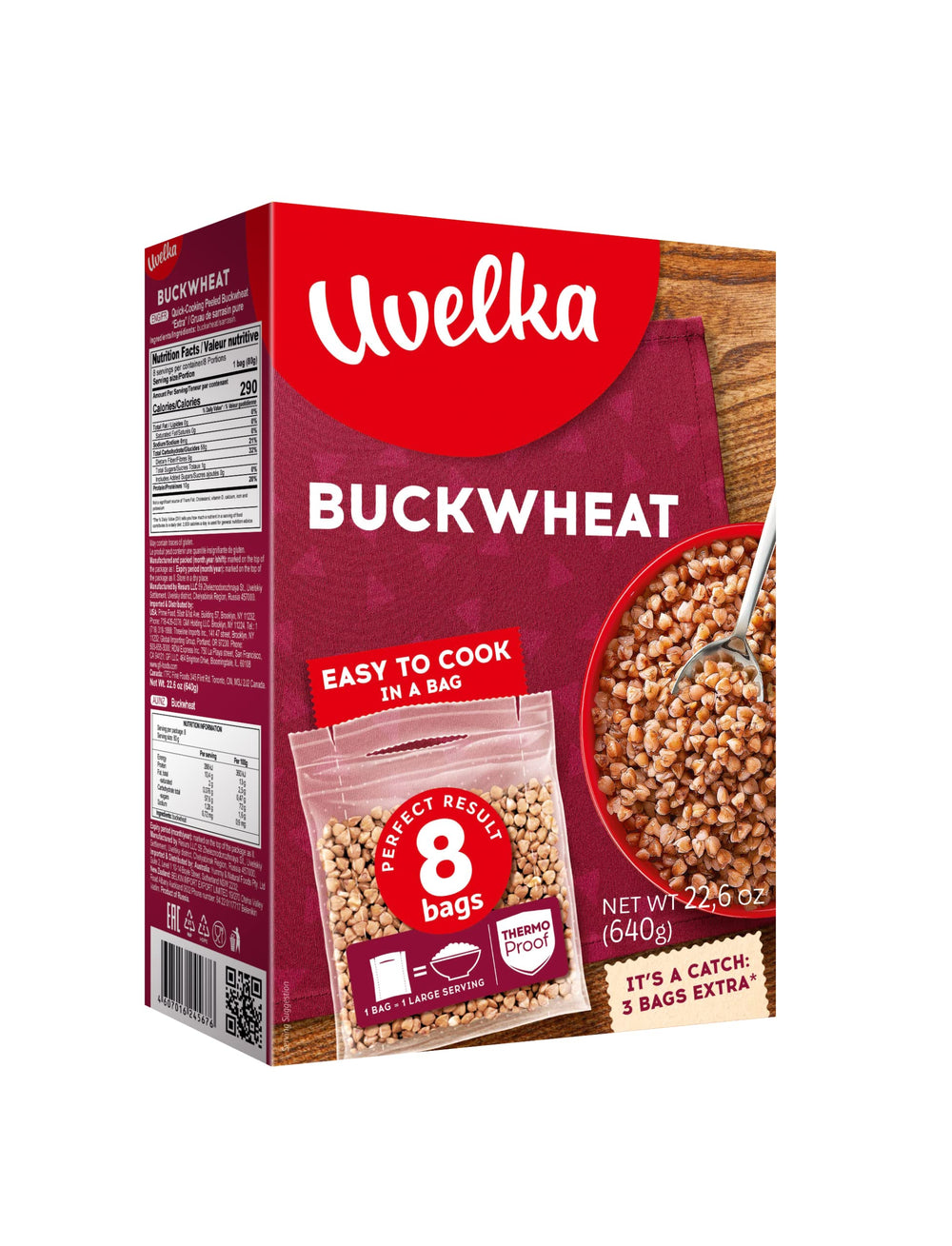 Uvelka boil-in-bag close-up showing textured pyramid groats and easy-steam benefit