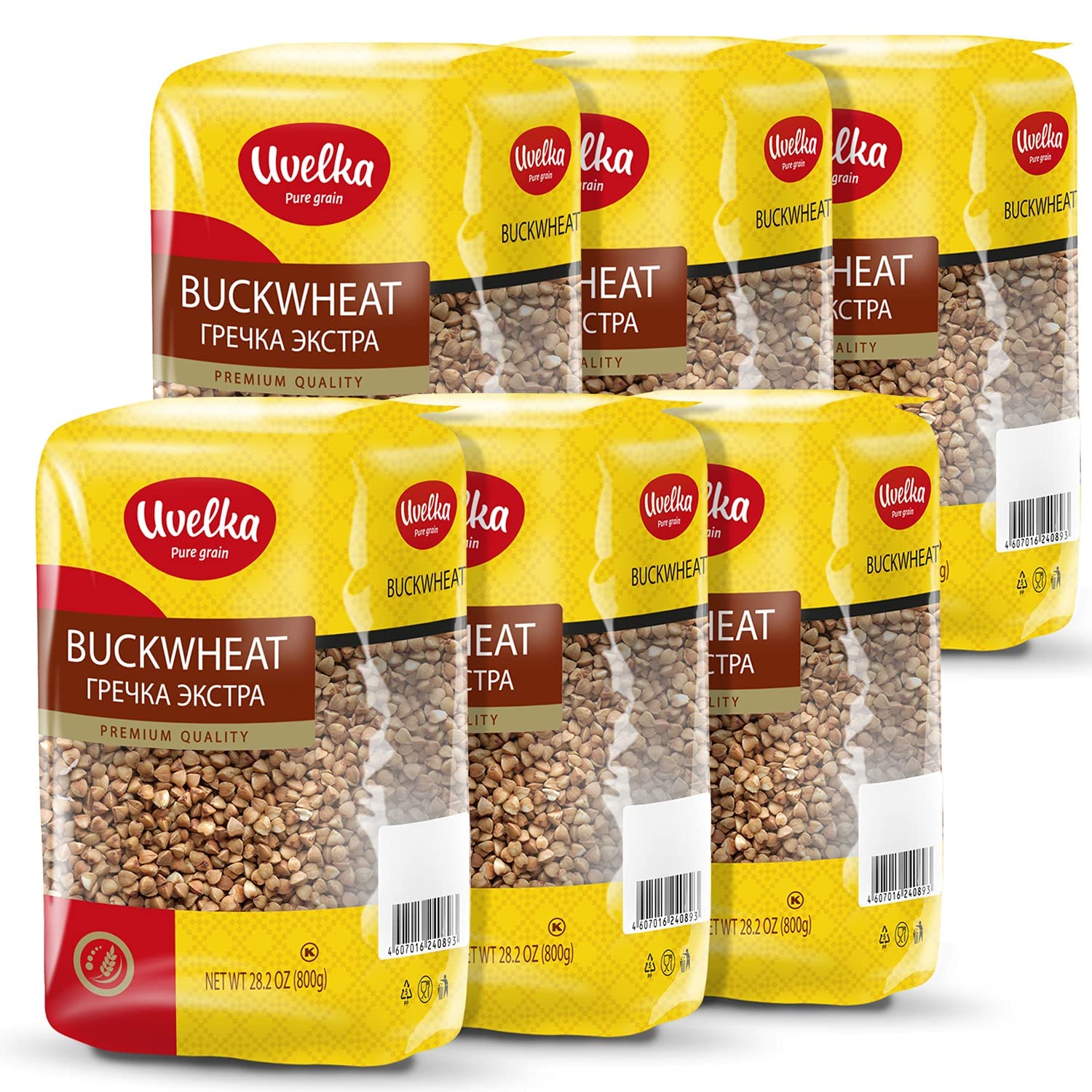 Uvelka groats portion beside measuring cup to show serving size and bulk pack value