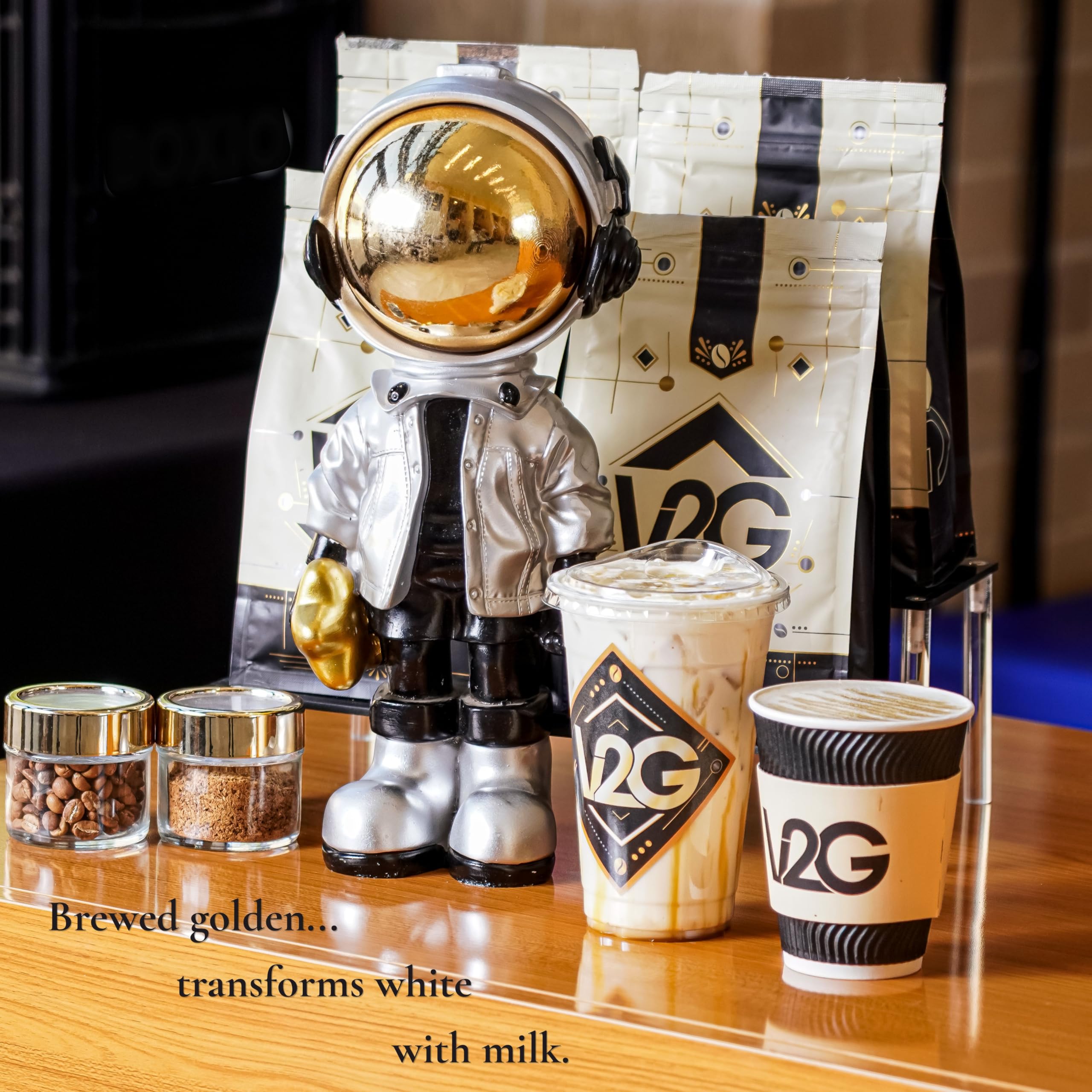 V2G scale and scoop beside bag showing dosing precision and consistent shots benefit