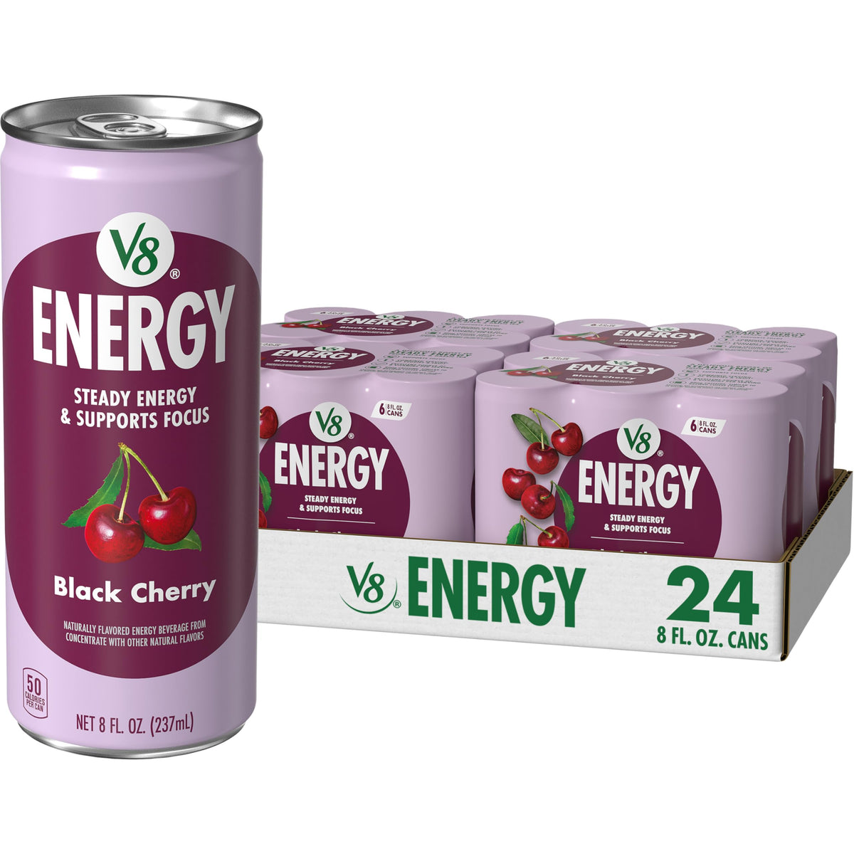V8 front can showing black cherry flavor and easy grab-and-go energy