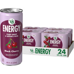 V8 front can showing black cherry flavor and easy grab-and-go energy