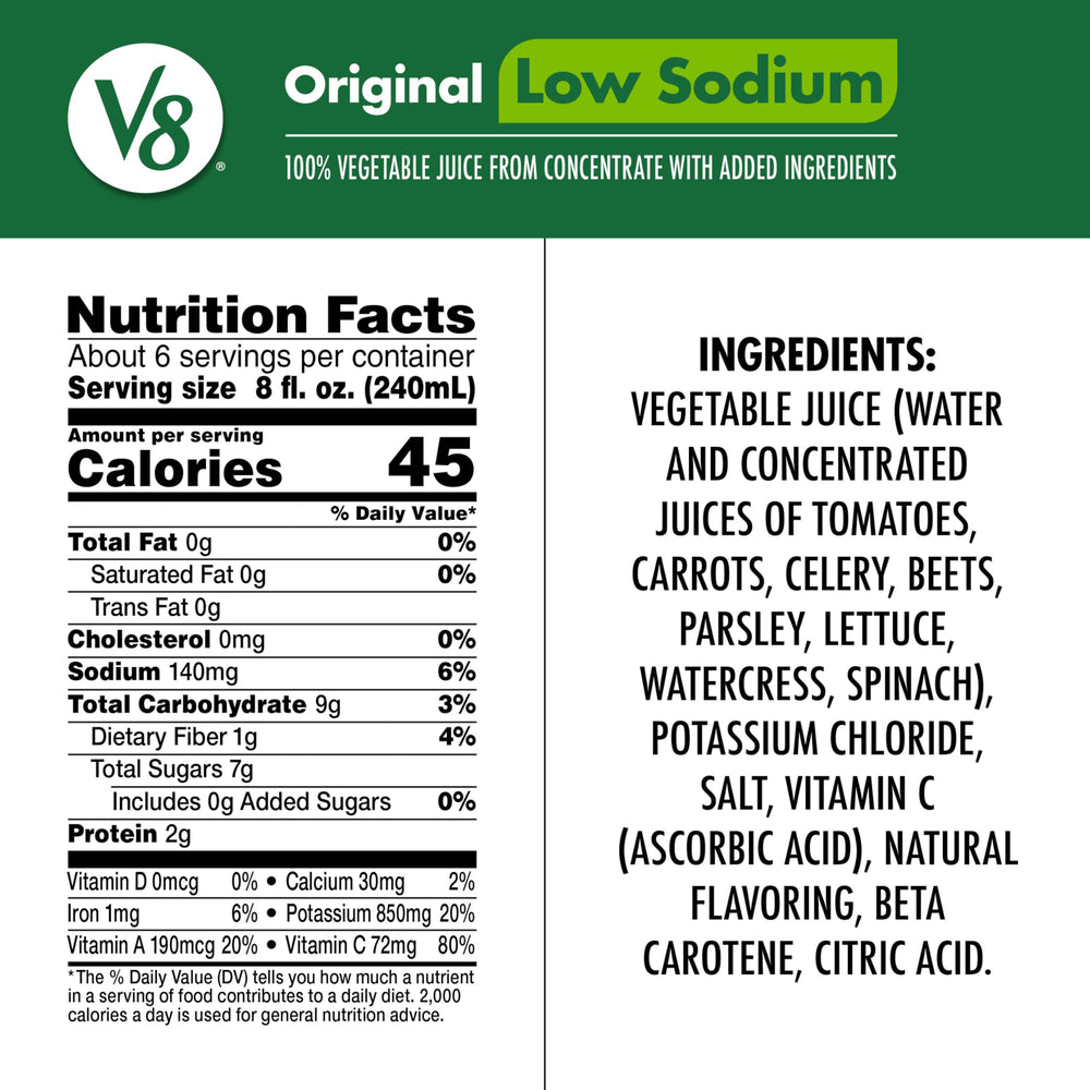 V8 label close-up highlighting low sodium and ingredient benefits
