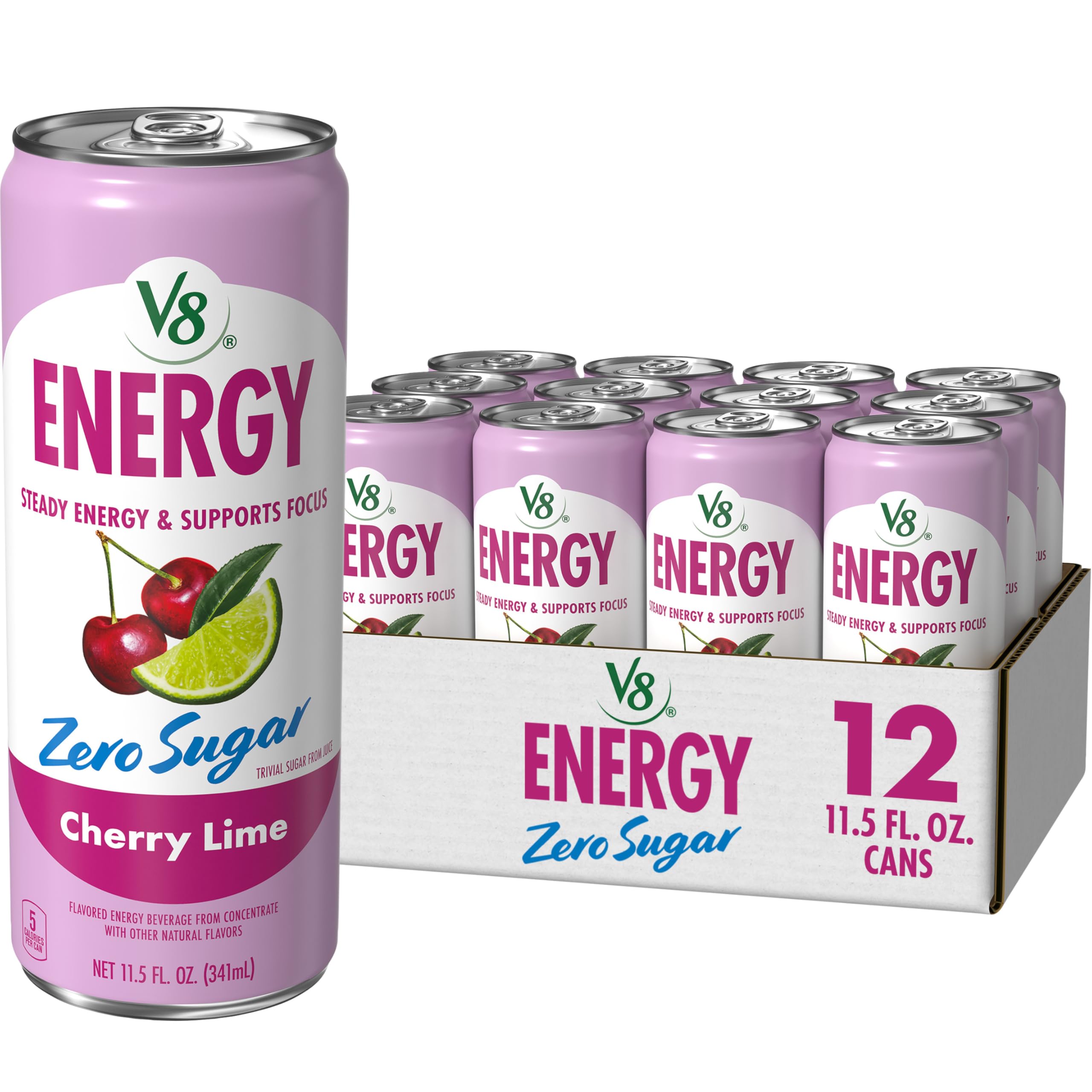 V8 cherry lime front can showing vibrant label and zero sugar benefit