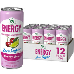 V8 cherry lime front can showing vibrant label and zero sugar benefit