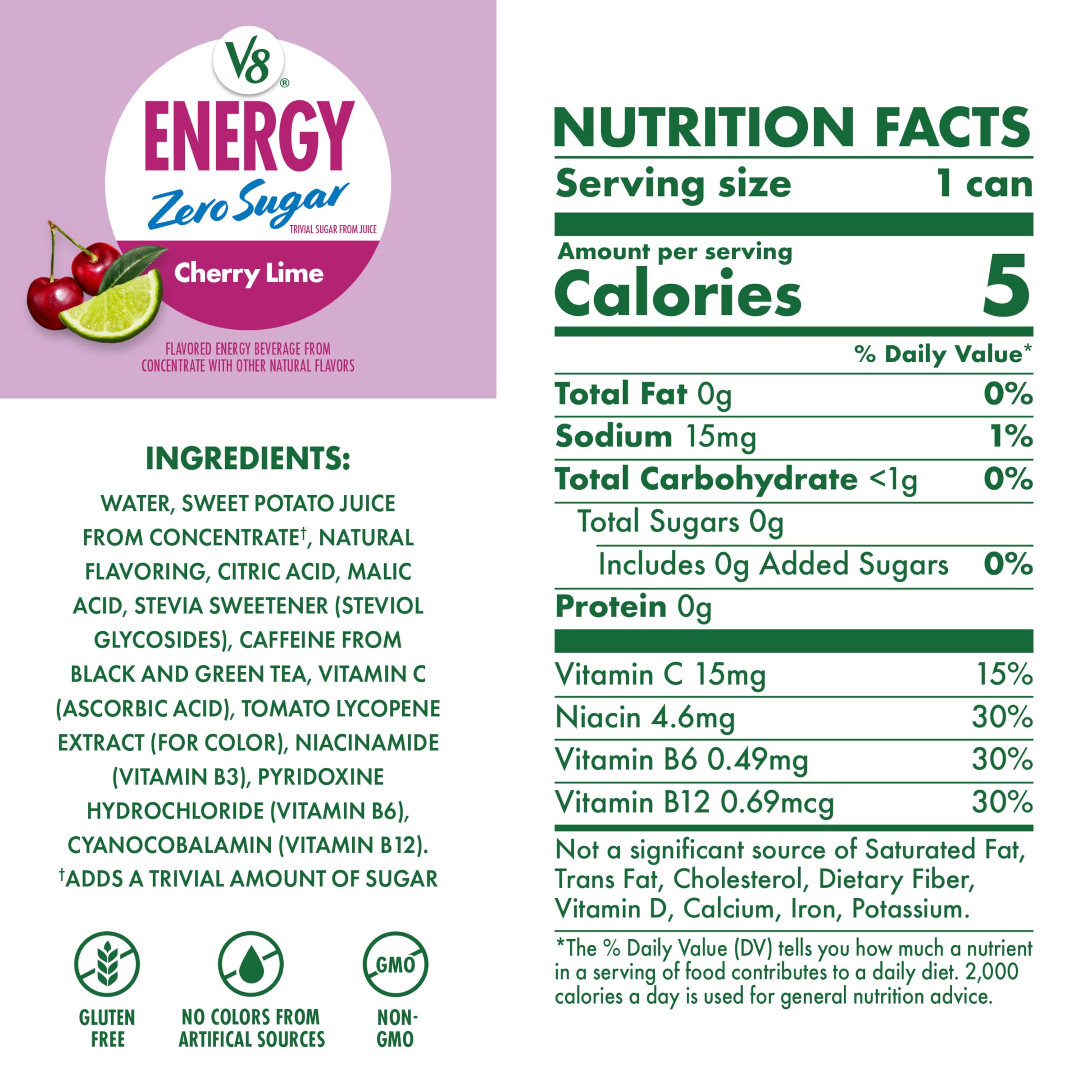 V8 cherry lime side label highlighting caffeine and B vitamins