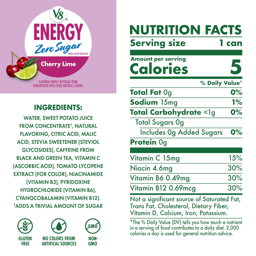 V8 cherry lime side label highlighting caffeine and B vitamins