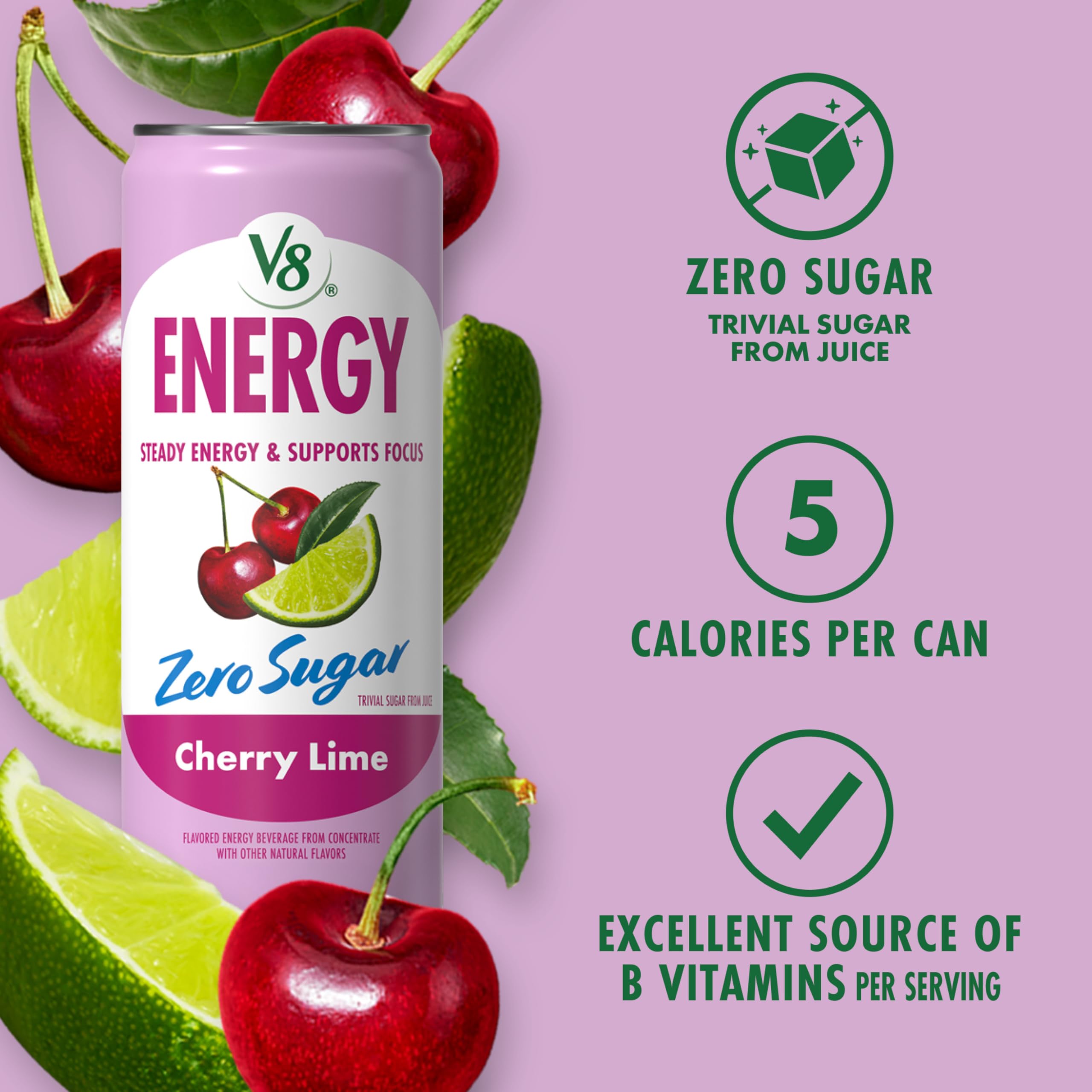 V8 cherry lime pouring into glass to show texture and crisp taste