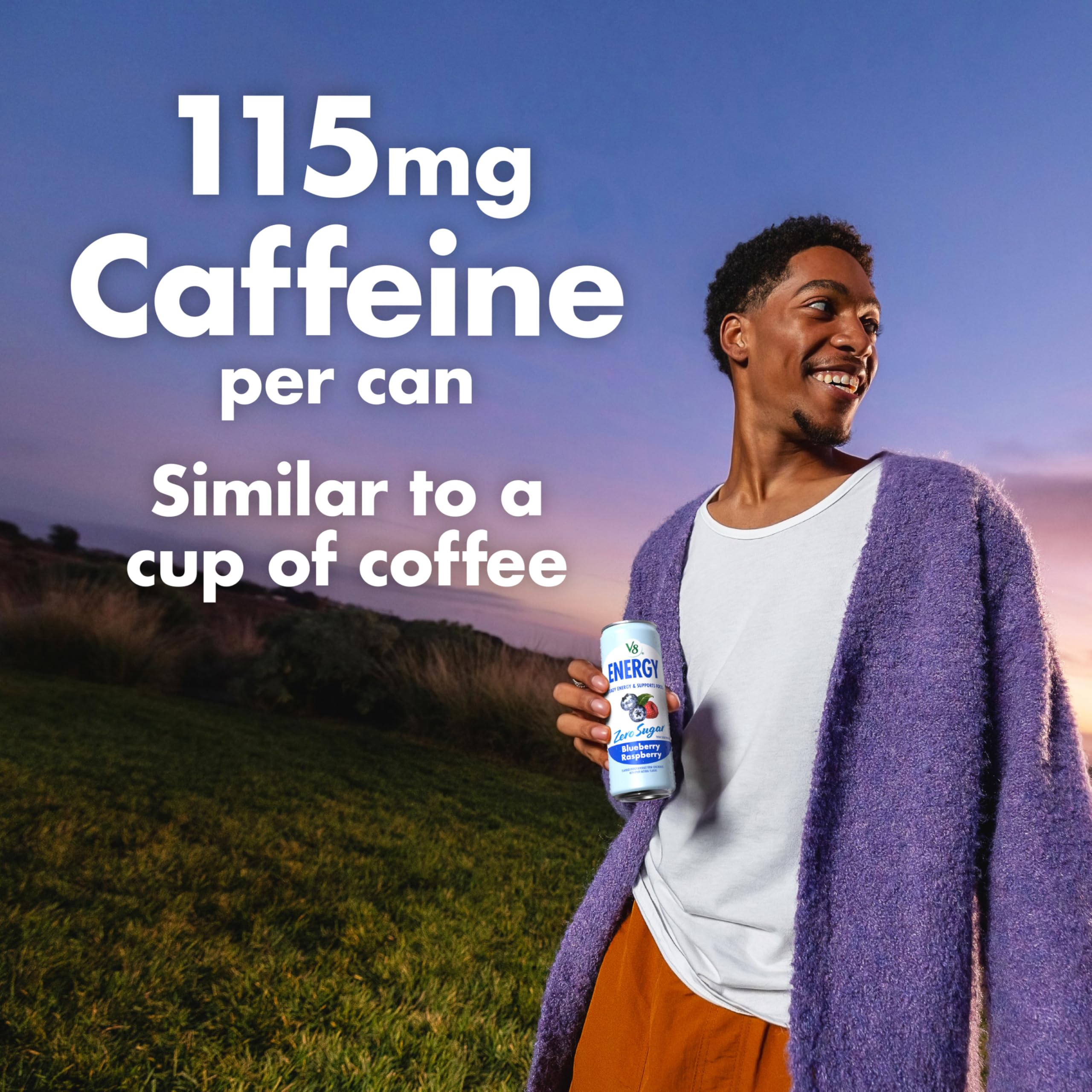 V8 can held in hand illustrating 11.5 fl oz size and portable energy benefit