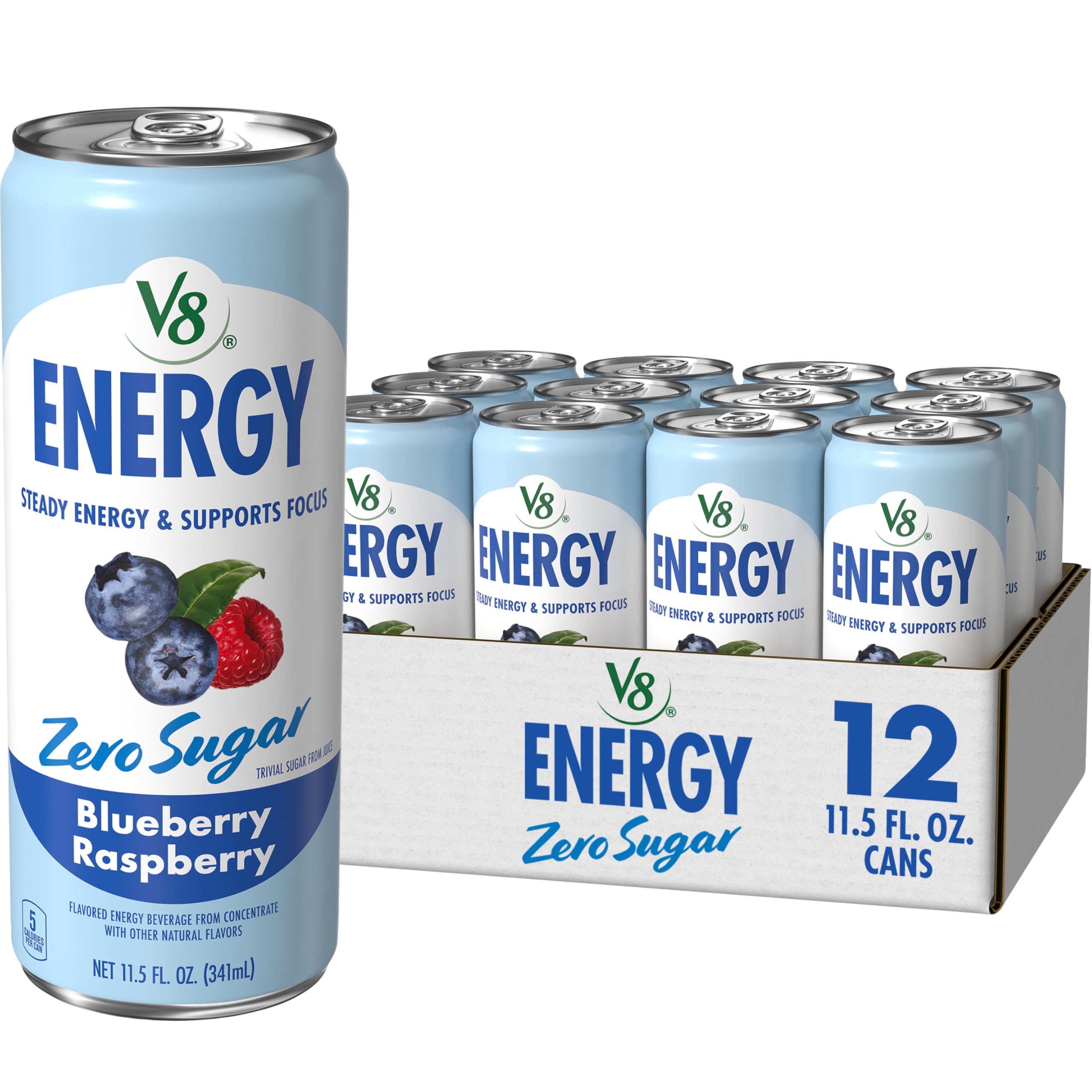 V8 can front view showing blueberry raspberry flavor and quick energy benefit