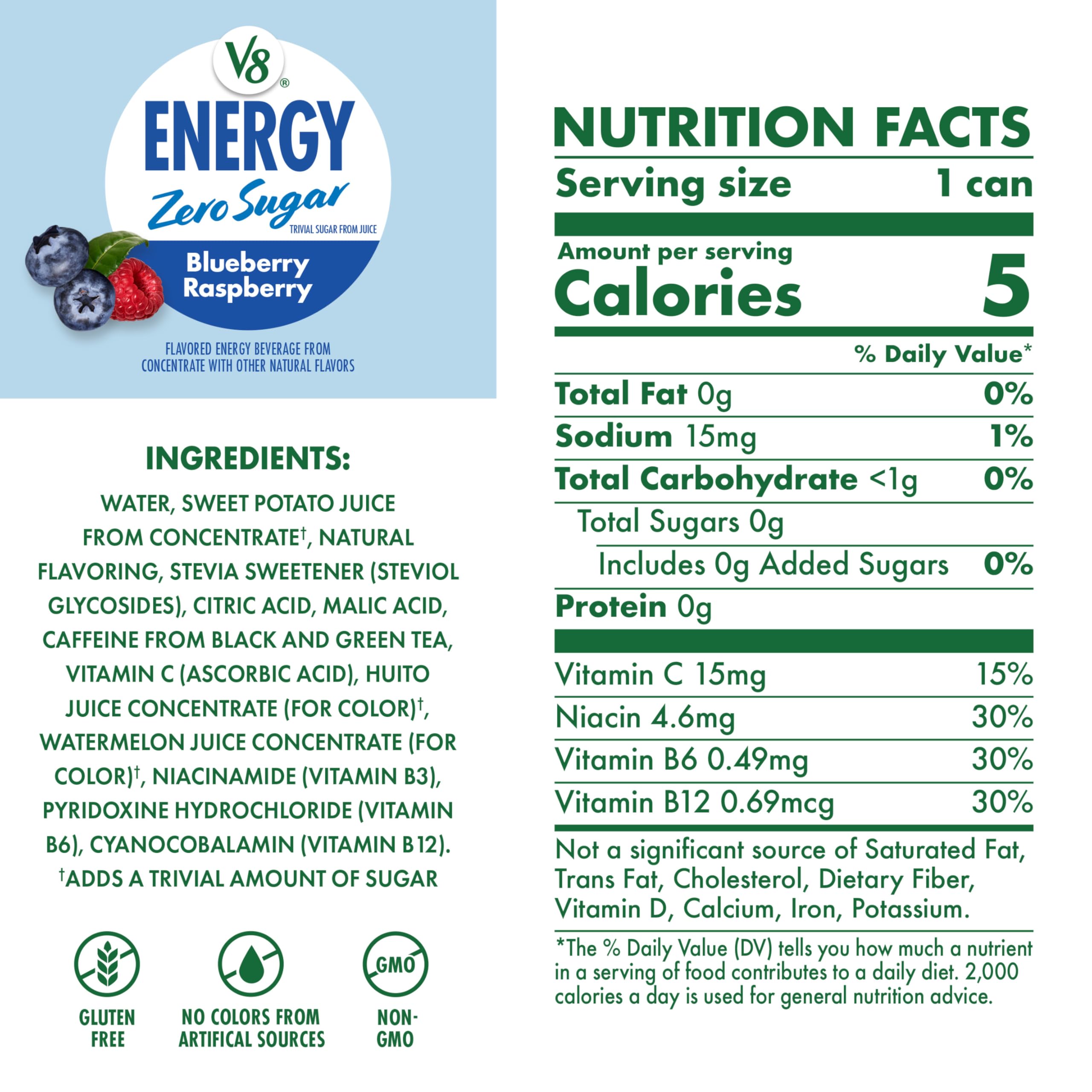 V8 side label closeup highlighting caffeine amount and ingredient clarity benefit