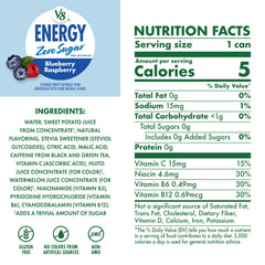 V8 side label closeup highlighting caffeine amount and ingredient clarity benefit
