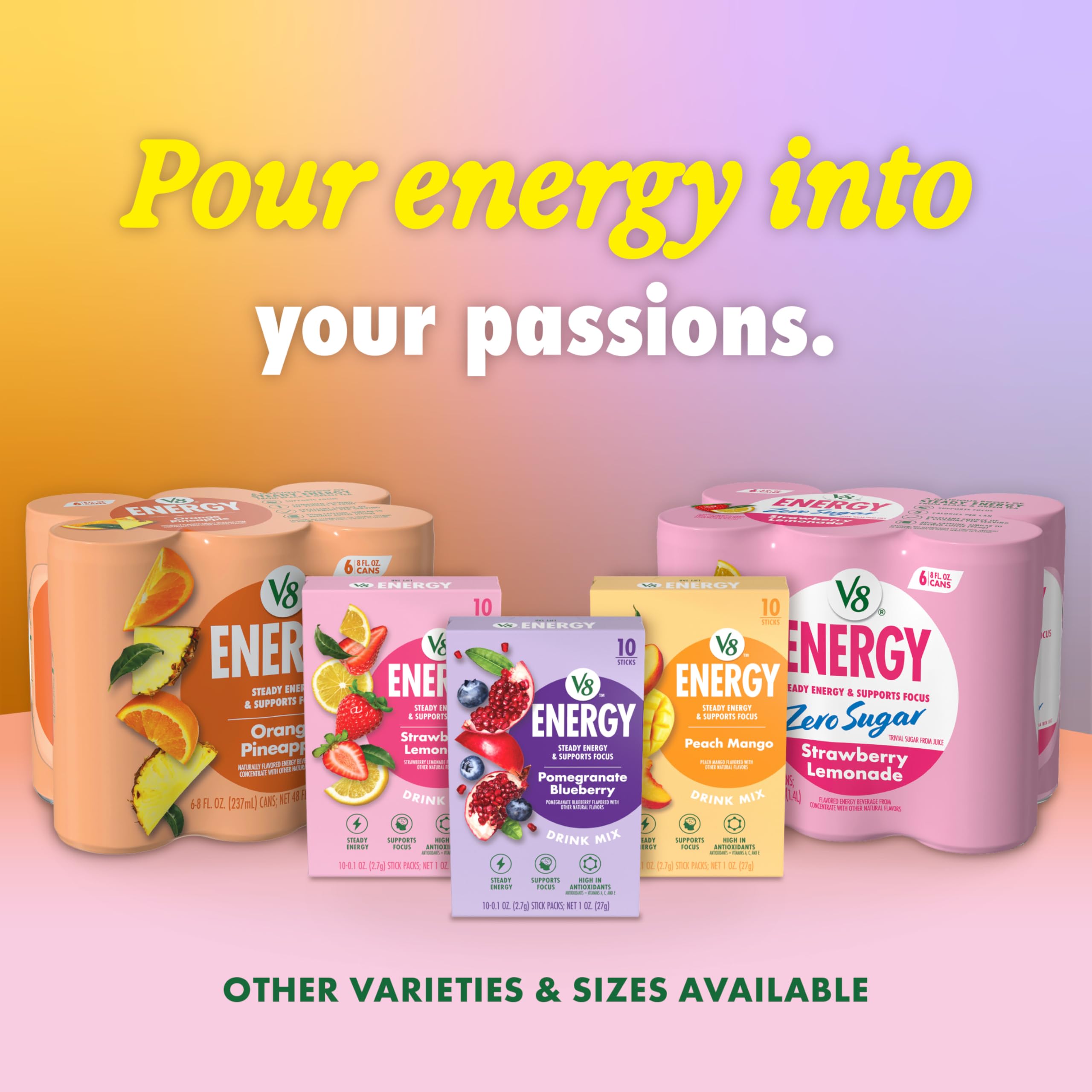 V8 can in outdoor setting showing active lifestyle appeal and focus-support benefit