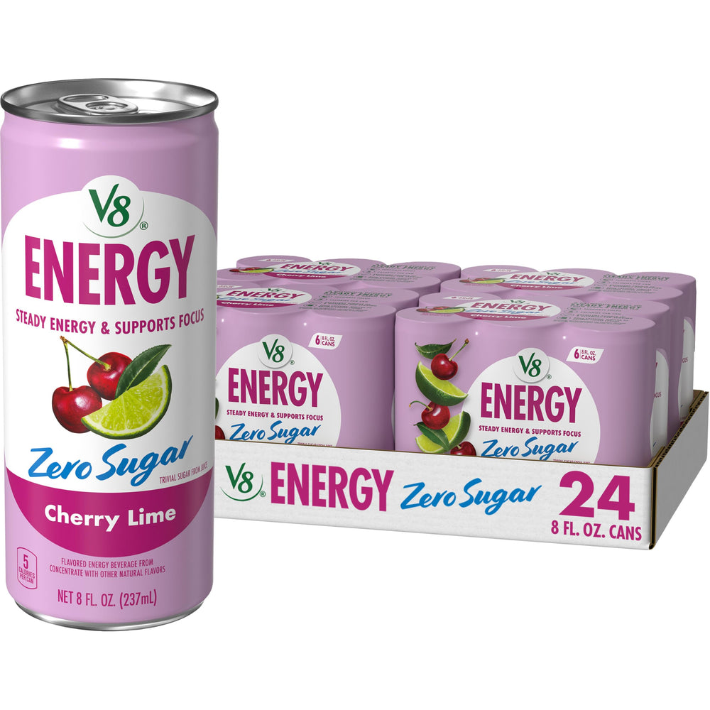 V8 Energy cherry lime front can showing branding and flavor, refreshing boost